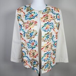 Embroidered‎ Floral Jacket Womens Large Linen Crewel Art Statement Piece Cottage
